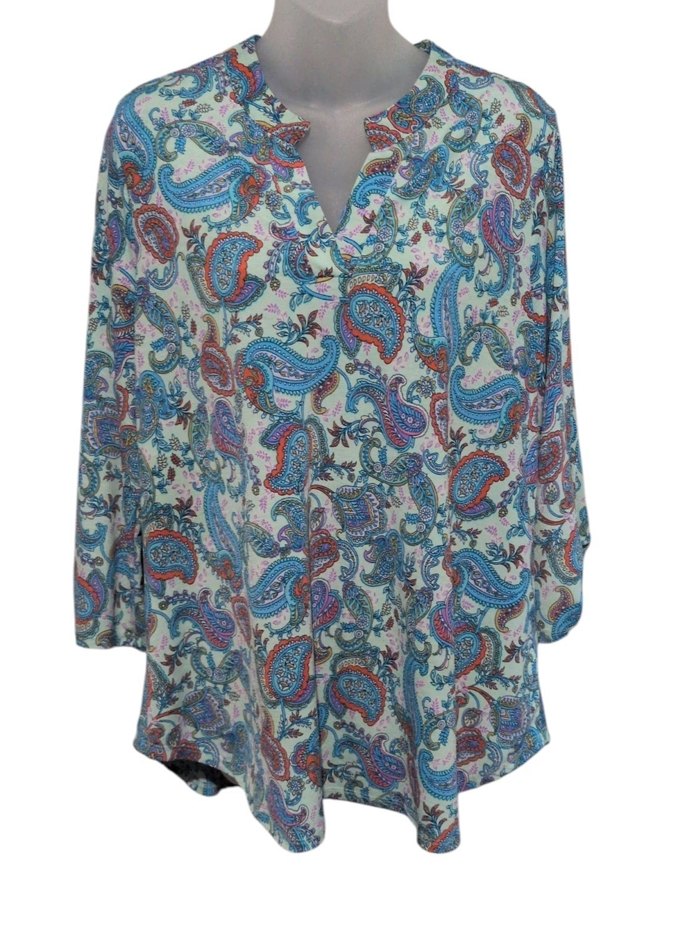 Dear Scarlett Medium Paisley Split-Neck Tunic Top Aqua Teal Purple Coral Flowy